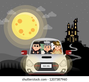 Halloween kids in car at night, full moon, black castle. flat design