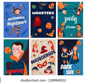 Halloween kids cards collection of six isolated posters with ornate text and cartoon style human characters vector illustration