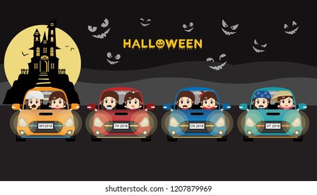 Halloween kids in cars colorful at night, full moon, black castle. flat design