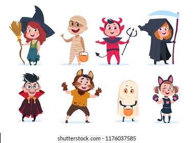 Halloween kids. Cartoon children in halloween costumes. Funny girls and boys at party vector isolated charactres. Illustration of girl and boy costume monster, dracula and mummy