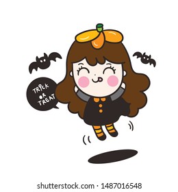 Halloween kids cartoon (kawaii girl character), jack o lantern icons Pumpkin artwork, fancy party vector, trick or treat bucket, fancy dress costume. Magic for child greeting card, t-shirt,fashion art