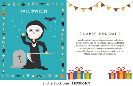 Halloween kids character death, greeting cards set. vector illustration.