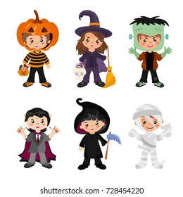 Halloween kids character set. Children in a colorful Halloween costumes: Vampire, Witch, Frankenstein, Death, Pumpkin, Zombie.