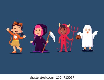 Halloween kids character set. Kids in colorful Halloween costumes : Cat, Grim reaper, Devil, Ghost. Vector eps 10