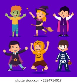 
Halloween kids character set. Kids in colorful Halloween costumes : Zombie, Witch, Dracula, Vampire, Pumpkin, Skull. Vector eps 10