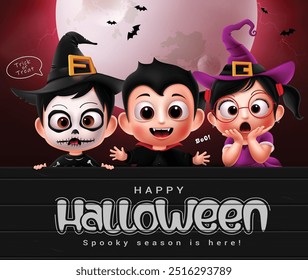 Desenho vetorial de personagens de Halloween. Feliz halloween truque ou tratar texto em espaço de tabuleiro preto com feiticeiro, vampiro e bruxa bonitinho personagem. Modelo de cartão de saudação assustador de ilustração vetorial.
