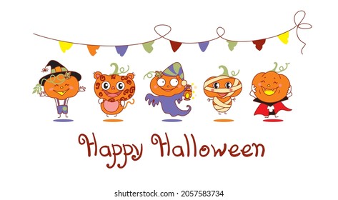 Halloween kids characters. Witch, cat, ghost, mummy, vampire. Vector illustration for   invitation for kids party.
