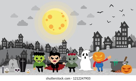 Halloween kids in city at night, full moon.
