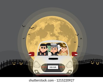 Halloween kids in city at night, full moon.