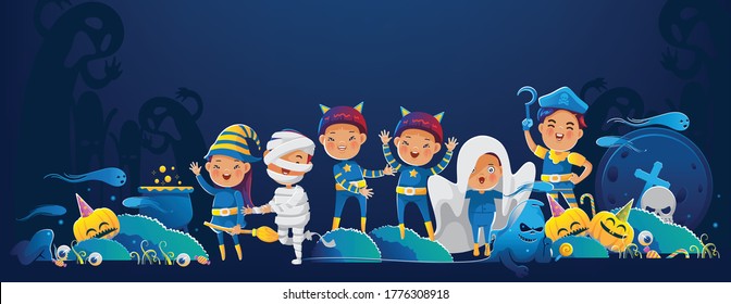 Halloween kids. Halloween costume banner with friend. Trick or Treat illustration. Fantasy costumes imitating ghosts. Vampires, ghosts, elves, witch, mummies and pirates. Ghost shadow background. 
