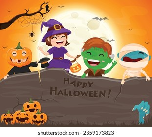 Halloween Kids Costume cartoon, isolated with moonlight background