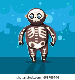 Halloween kids costume of cute fat skeleton on a blue abstract background. Vector cute cartoon flat children character for holiday and partying. Template design for the poster.