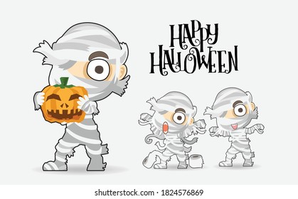 Halloween kids costume of cute mummy with pumpkin and other traditional. Vector cartoon flat children character for holiday and partying. Template character design for Halloween.

