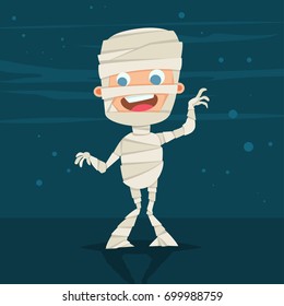 Halloween kids costume of cute mummy on a blue abstract background. Vector cartoon flat children character for holiday and partying. Template design for the poster.