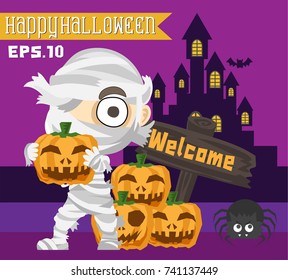 Halloween kids costume of cute mummy with pumpkin and other traditional. Vector cartoon flat children character for holiday and partying. Template character design for Halloween.