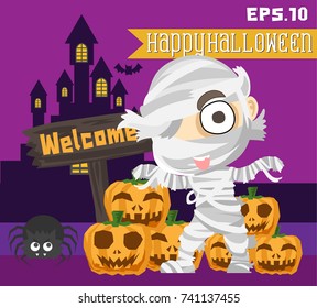 Halloween kids costume of cute mummy with pumpkin and other traditional. Vector cartoon flat children character for holiday and partying. Template character design for Halloween.