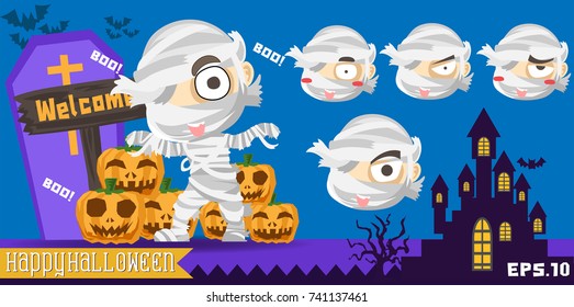 Halloween kids costume of cute mummy with pumpkin and other traditional. Vector cartoon flat children character for holiday and partying. Template character design for Halloween.