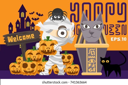 Halloween kids costume of cute mummy with egypt Coffin and other traditional. Vector cartoon flat children character for holiday and partying. Template character design and canopic jar for Halloween.