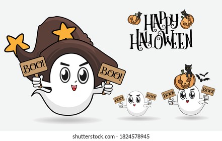 Halloween kids costume of cute Spirit with pumpkin and other traditional. Vector cartoon flat children character for holiday and partying. Template character design for Halloween.
