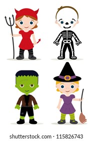 halloween kids costume, devil, skeleton, franky and witch