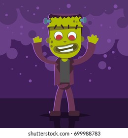 Halloween kids costume of frankenstein's monster on a purple abstract background. Vector cute cartoon flat character for holiday and partying. Template design for the poster.