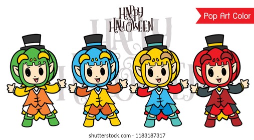 Halloween Kids Costume, jack o lantern Character style, cute cartoon vector for Festival in Pop Art color concept,little devil in pumpkin hat, kids in Halloween costume, Children in jack costumes.