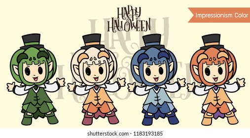 Halloween Kids Costume, jack o lantern Character style, cute cartoon vector for Festival in Impressionism color concept,little devil in pumpkin hat, kids in Halloween costume, 