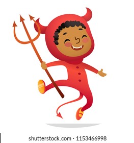 Halloween Kids Costume Party. African-American Boy in halloween devil costume laughing and dancing. Cartoon vector Character for party, invitations, web, mascot. Isolated