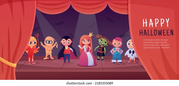 Halloween Kids Costume Party. Autumn Holiday Background. Happy Vampire Character In Event. Witch And Princess On Stage With Theater Curtain. Monster And Zombie. Vector Illustration Banner