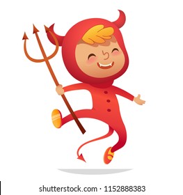 Halloween Kids Costume Party. Boy in halloween devil costume laughing and dancing. Cartoon vector Character for party, invitations, web, mascot. Isolated