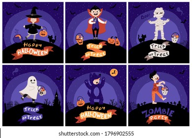 Halloween Kids Costume Party. Card set. Kids with buckets of sweets in various costumes for the holiday. Night sky background. Cute childish illustration in cartoon hand-drawn style. Lettering.