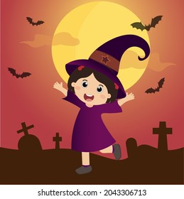 Halloween kids costume party. Cartoon characters of witch