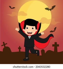 Halloween kids costume party. Cartoon characters of dracula jumping