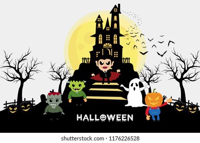 Halloween kids costume party and castle black