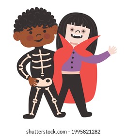 Halloween Kids Costume Party. Cute little girl and afro american boy in halloween vampire and skeleton costume. Cartoon vector isolated Character for party, invitations or web. Smiling jump child.