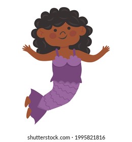 Halloween Kids Costume Party. Cute little afro american girl in halloween mermaid costume. Cartoon vector Character for party, invitations, web. Smiling jump child. Isolated on a white background