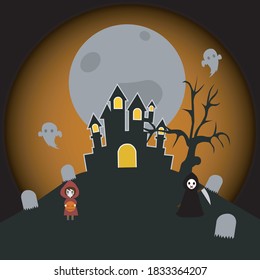 Halloween Kids Costume Party. Funny and cute carnival kids.
Dark castle on  Moon background.
