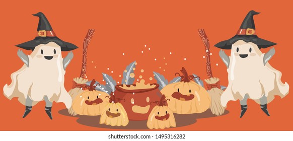 Halloween Kids Costume Party. Ghost and pumpkin in Halloween costume.cute cartoon style on Orange background.