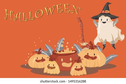 Halloween Kids Costume Party. Ghost and pumpkin in Halloween costume.cute cartoon style on Orange background.
