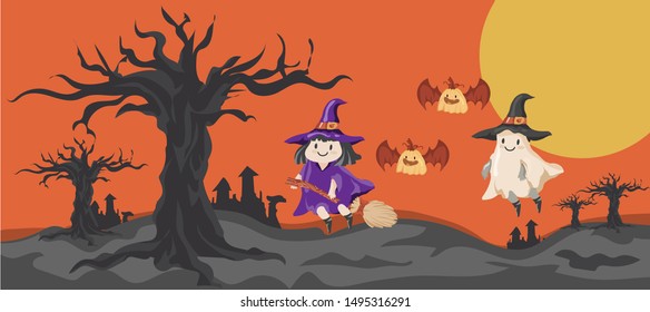 Halloween Kids Costume Party. Ghost 
 pumpkin and a witch in Halloween costume.cute cartoon style on forest background.