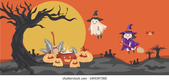 Halloween Kids Costume Party. Ghost 
 pumpkin and a witch in Halloween costume.cute cartoon style on forest background.