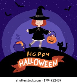 Halloween Kids costume party. Girl in a witch costume with a black cat and a bucket of sweets. Night sky background. Cute childish illustration in cartoon hand-drawn style. Lettering.