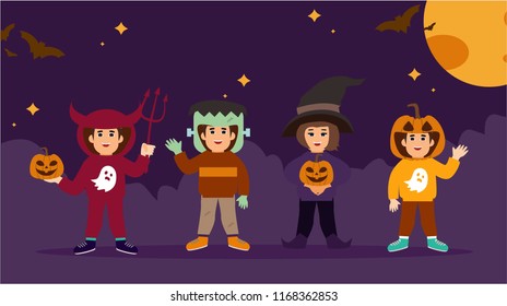 	
Halloween Kids Costume Party. Group of kids in halloween costume stand In the moonlight. 