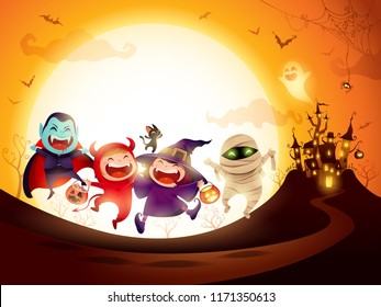 Halloween Kids Costume Party. Group Of Kids In Halloween Costume Jumping In The Moonlight.
