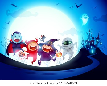 Halloween Kids Costume Party. Group of kids in Halloween costume jumping in the moonlight.