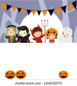 Halloween Kids Costume Party. Group Of Kids In Halloween Costume Jumping In The Moonlight