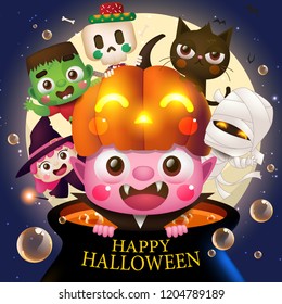 Halloween Kids Costume Party. Group of kids in halloween costume sitting on witch pot. Night background