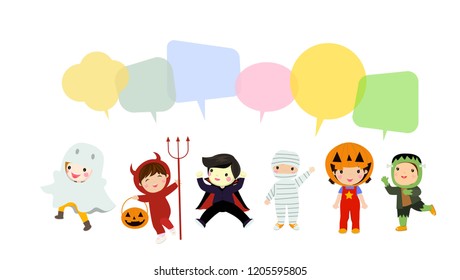 Halloween Kids Costume Party. Group of kids in Halloween costume jumping in the moonlight