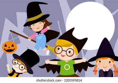 Halloween Kids Costume Party. Group of kids in Halloween costume jumping in the moonlight