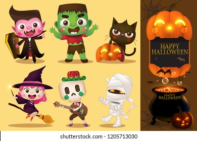 Halloween Kids Costume Party. Group of kids in halloween costume